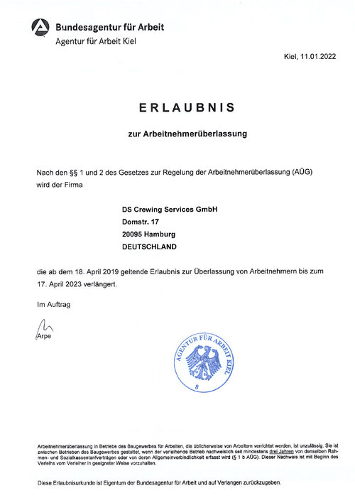  Erlaubnis zur Arbeitnehmerüberlassung DS Crewing